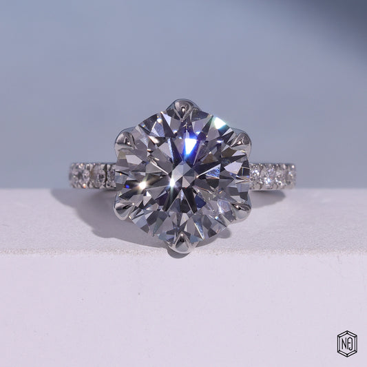 7.02 Carat Round Cut Lab Grown Diamond Side Stone Pavé Engagement Ring - Front Top View