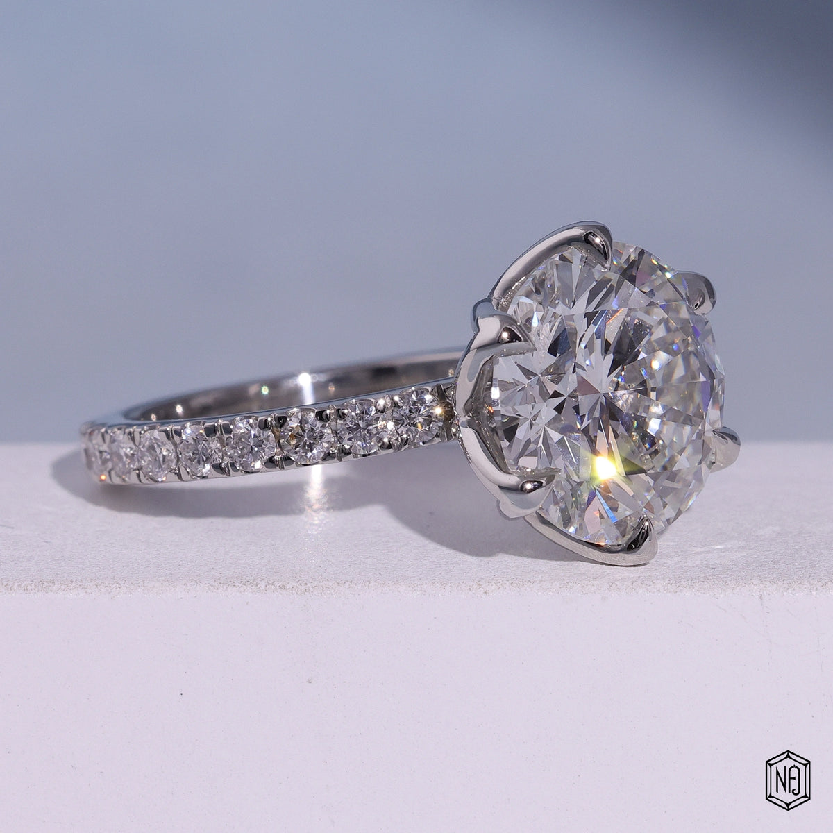 7.02 Carat Round Cut Lab Grown Diamond Side Stone Pavé Engagement Ring - Gallery & Prongs Detail