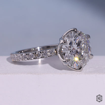 7.02 Carat Round Cut Lab Grown Diamond Side Stone Pavé Engagement Ring - Gallery & Prongs Detail