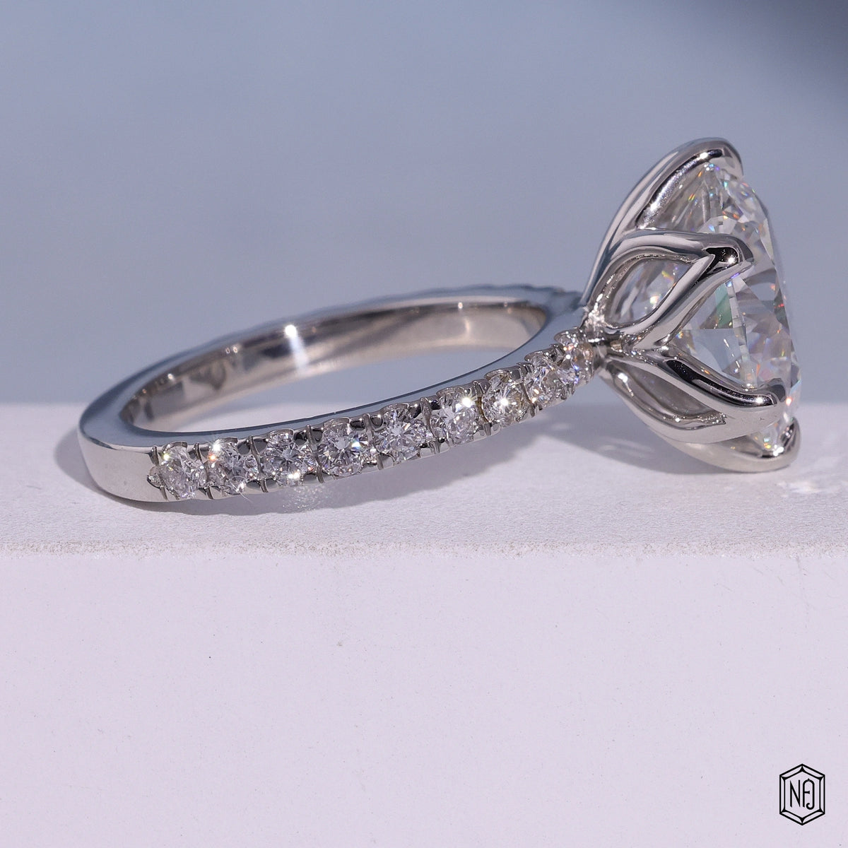 7.02 Carat Round Cut Lab Grown Diamond Side Stone Pavé Engagement Ring - Side Profile Angle