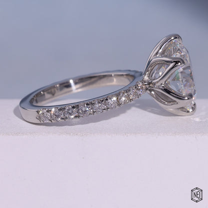 7.02 Carat Round Cut Lab Grown Diamond Side Stone Pavé Engagement Ring - Side Profile Angle