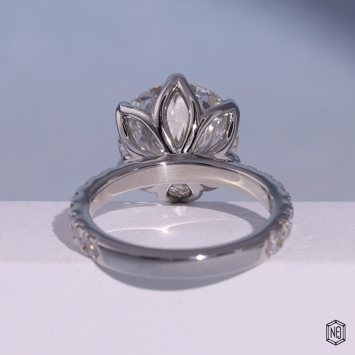 7.02 Carat Round Cut Lab Grown Diamond Side Stone Pavé Engagement Ring - Hand View / Detail Angle