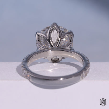 7.02 Carat Round Cut Lab Grown Diamond Side Stone Pavé Engagement Ring - Hand View / Detail Angle