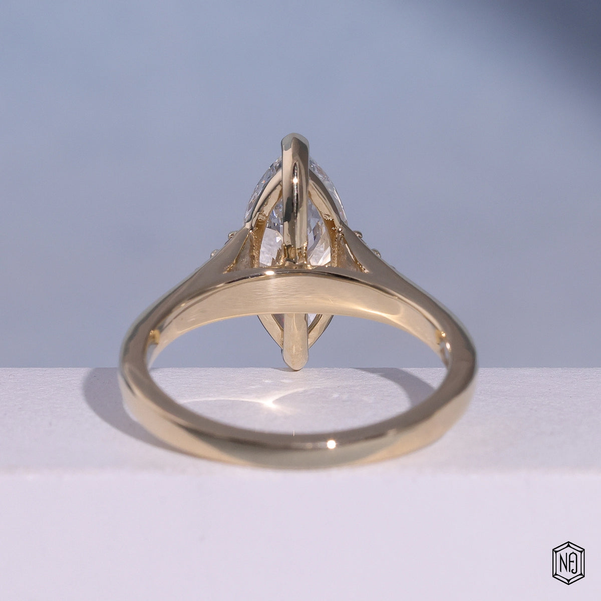 2.50 Carat Marquise Cut Lab Grown Diamond Vintage Inspired Heirloom Engagement Ring - Hand View / Detail Angle