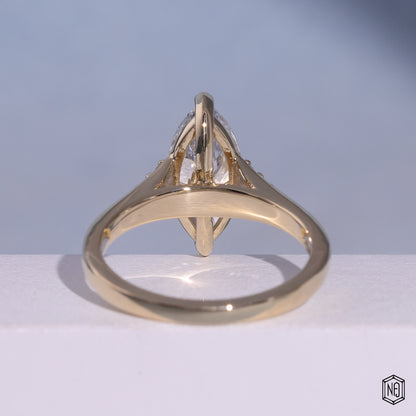 2.50 Carat Marquise Cut Lab Grown Diamond Vintage Inspired Heirloom Engagement Ring - Hand View / Detail Angle