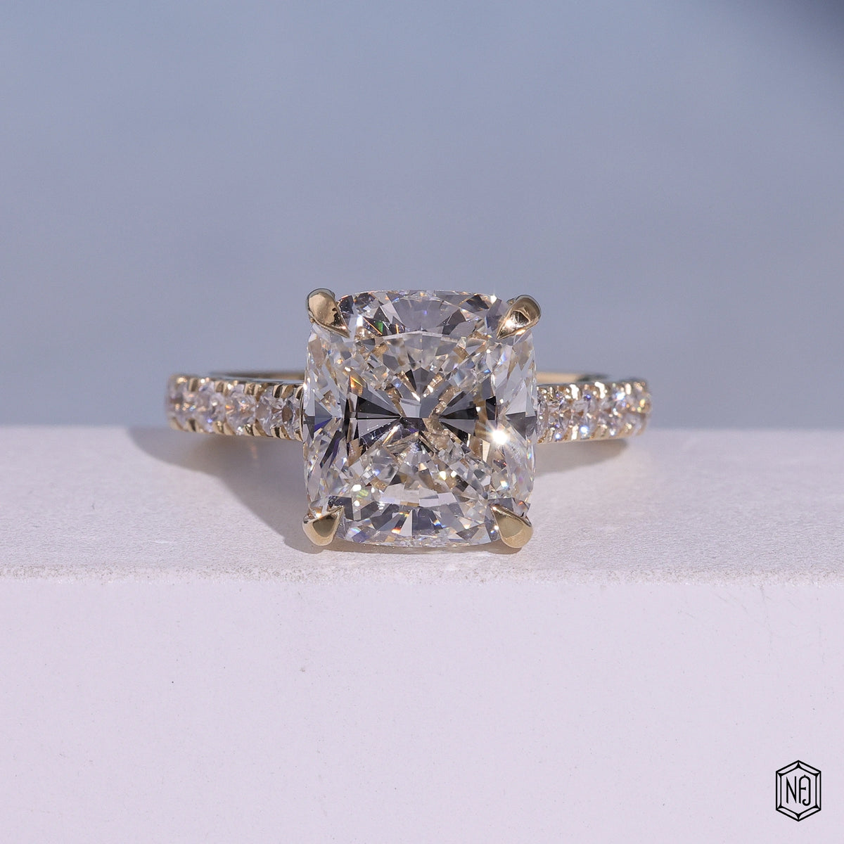 5.04 Carat Cushion Cut Lab Grown Diamond Delicate Hidden Halo Engagement Ring - Front Top View