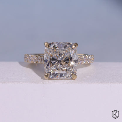 5.04 Carat Cushion Cut Lab Grown Diamond Delicate Hidden Halo Engagement Ring - Front Top View