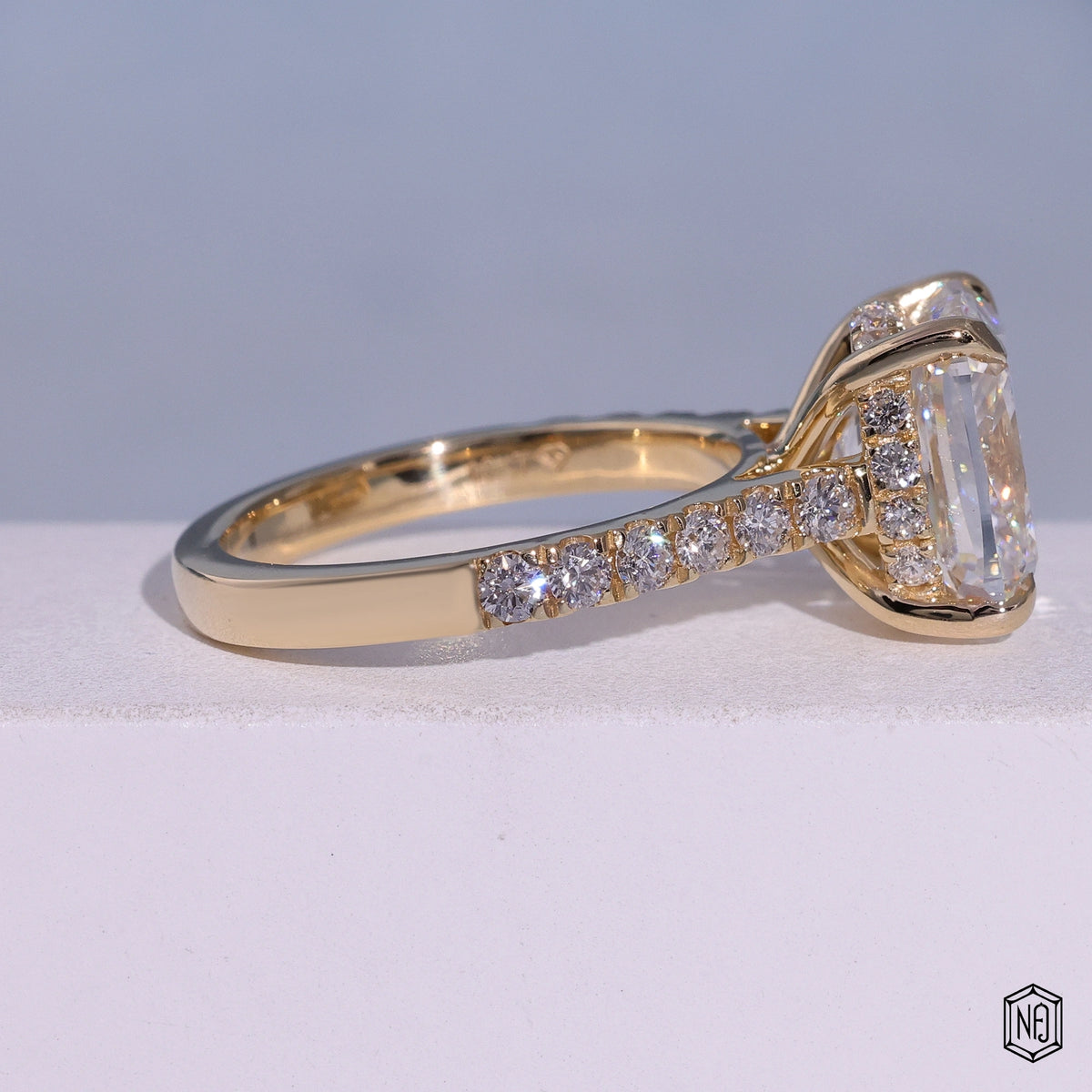 5.04 Carat Cushion Cut Lab Grown Diamond Delicate Hidden Halo Engagement Ring - Side Profile Angle