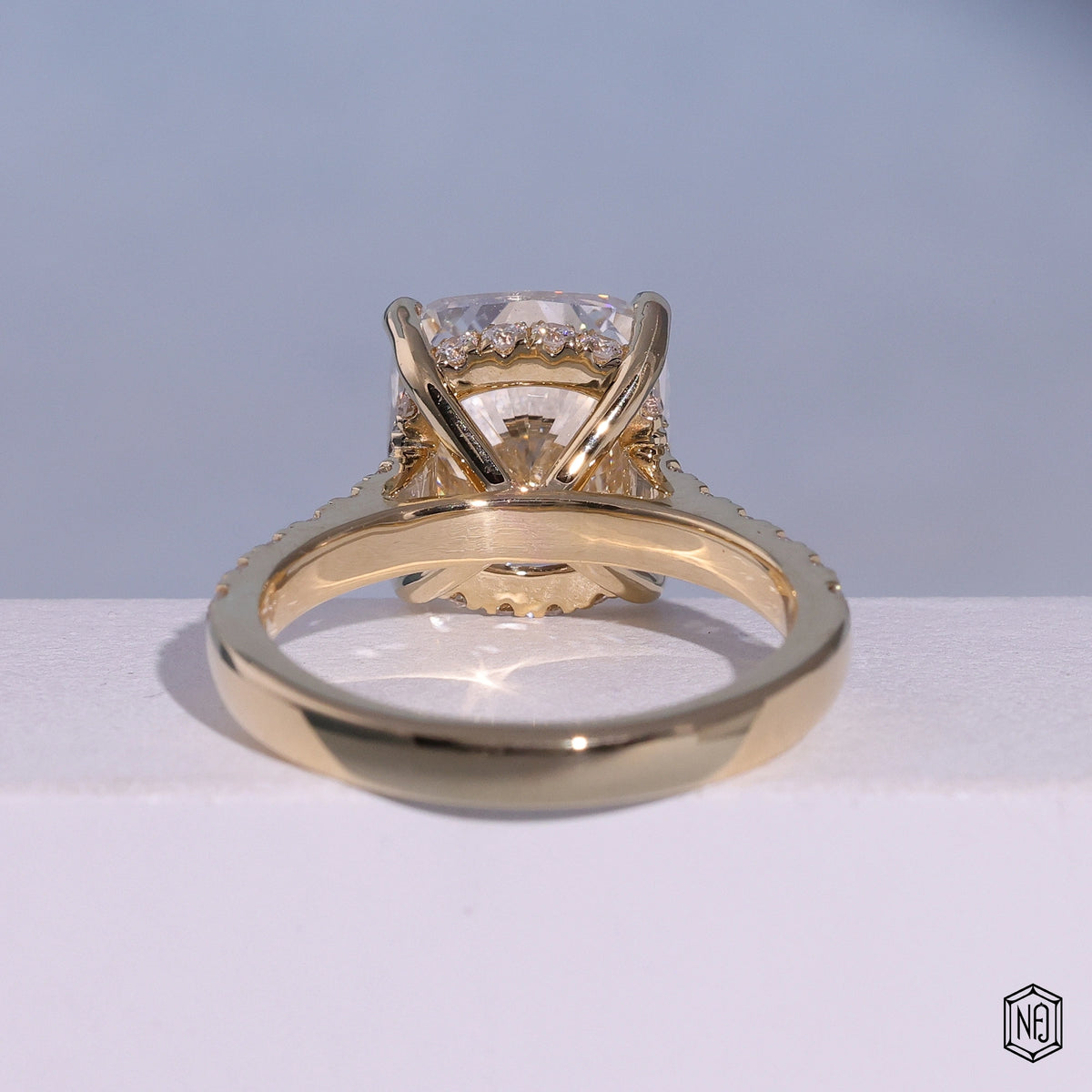 5.04 Carat Cushion Cut Lab Grown Diamond Delicate Hidden Halo Engagement Ring - Hand View / Detail Angle
