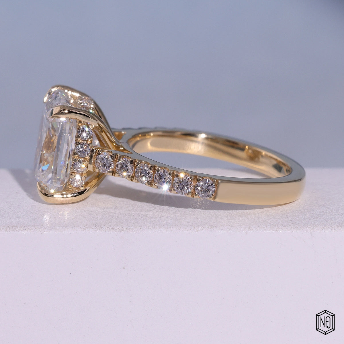 5.04 Carat Cushion Cut Lab Grown Diamond Delicate Hidden Halo Engagement Ring - Angled Perspective