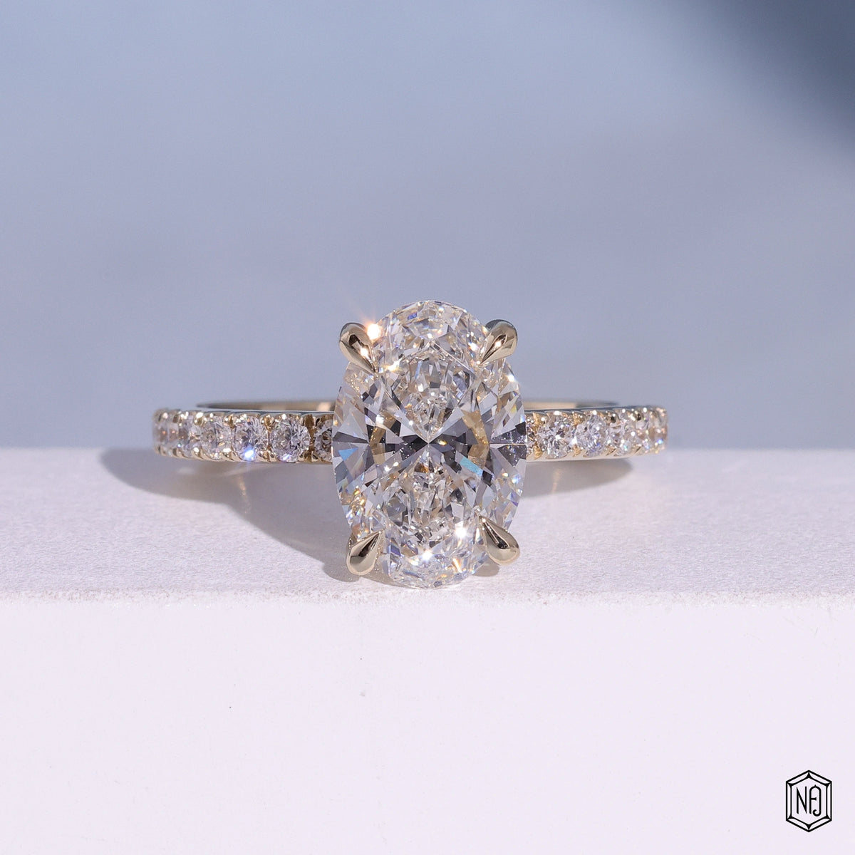 2.6 Carat Oval Cut Lab Grown Diamond Delicate Hidden Halo Engagement Ring - Front Top View