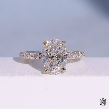 2.6 Carat Oval Cut Lab Grown Diamond Delicate Hidden Halo Engagement Ring - Front Top View