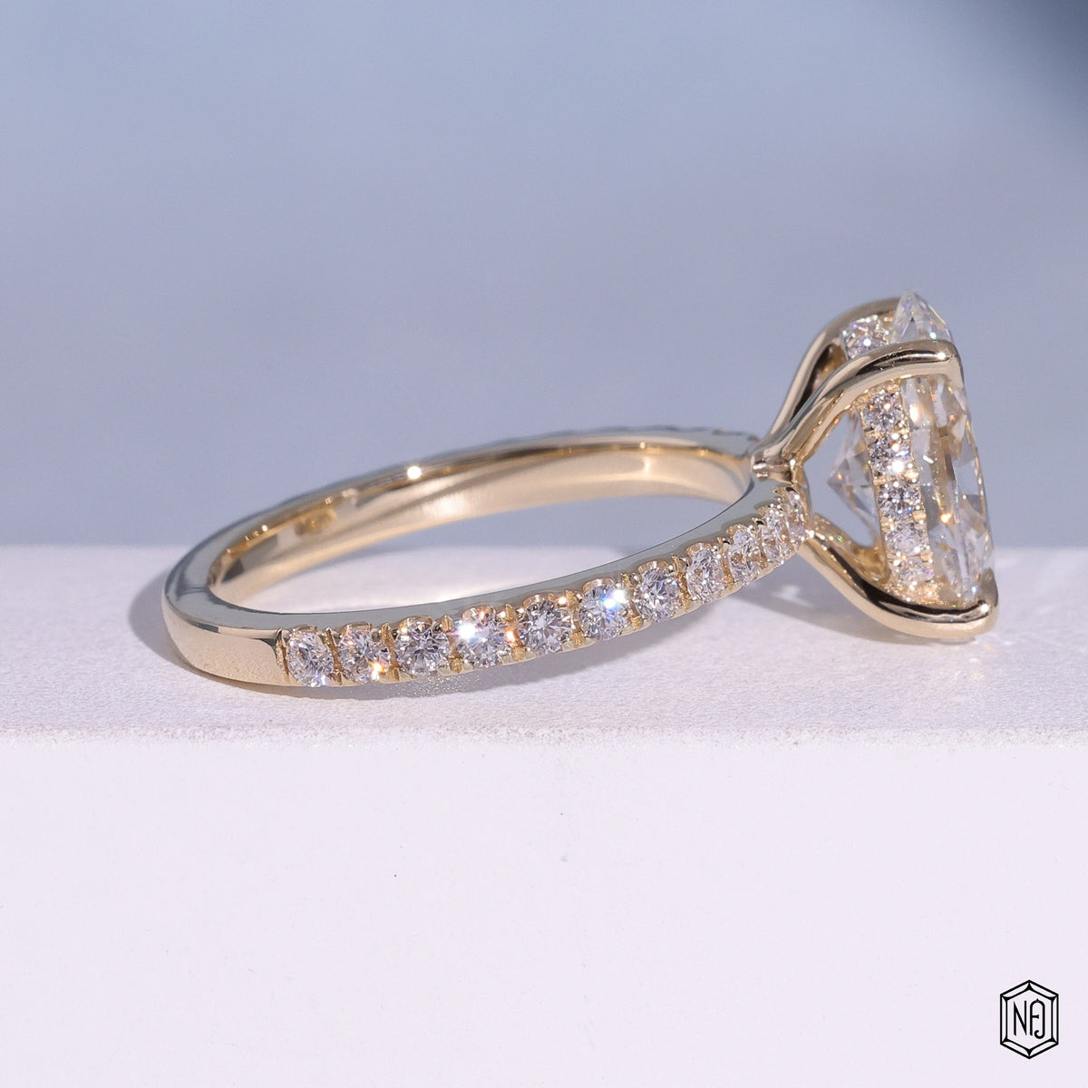 2.6 Carat Oval Cut Lab Grown Diamond Delicate Hidden Halo Engagement Ring - Side Profile Angle