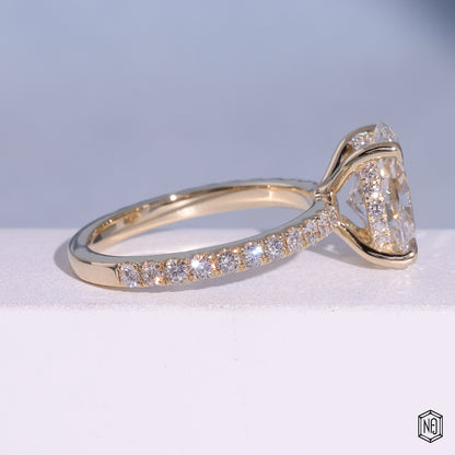 2.6 Carat Oval Cut Lab Grown Diamond Delicate Hidden Halo Engagement Ring - Side Profile Angle