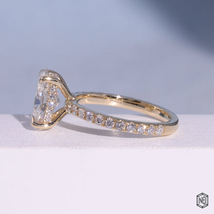 2.6 Carat Oval Cut Lab Grown Diamond Delicate Hidden Halo Engagement Ring - Angled Perspective