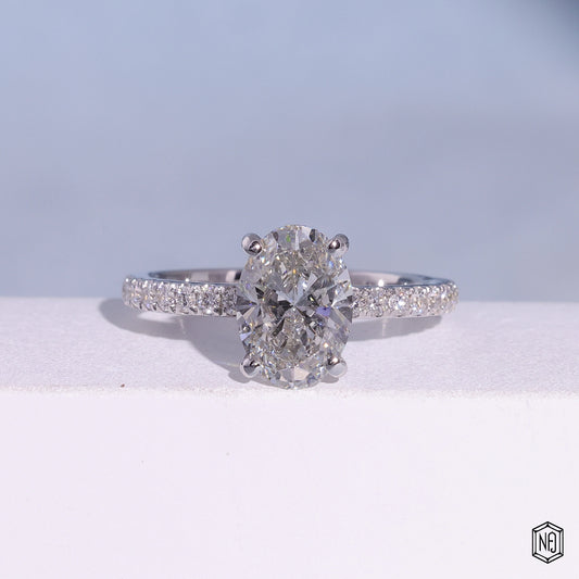 2.09 Carat Oval Cut Lab Grown Diamond Side Stone Pavé Engagement Ring - Front Top View
