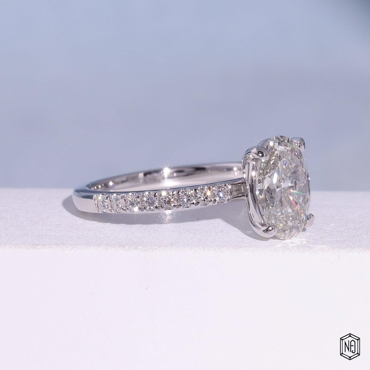 2.09 Carat Oval Cut Lab Grown Diamond Side Stone Pavé Engagement Ring - Gallery & Prongs Detail