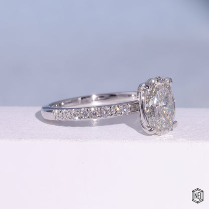 2.09 Carat Oval Cut Lab Grown Diamond Side Stone Pavé Engagement Ring - Gallery & Prongs Detail