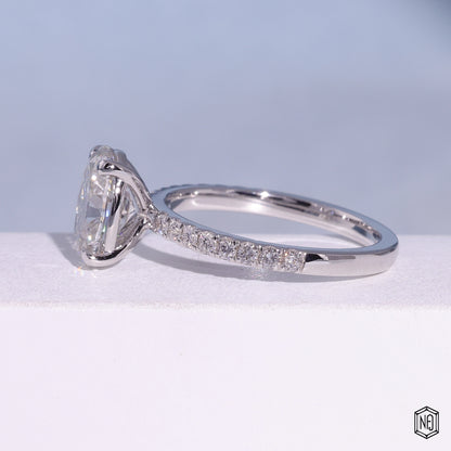 2.09 Carat Oval Cut Lab Grown Diamond Side Stone Pavé Engagement Ring - Angled Perspective