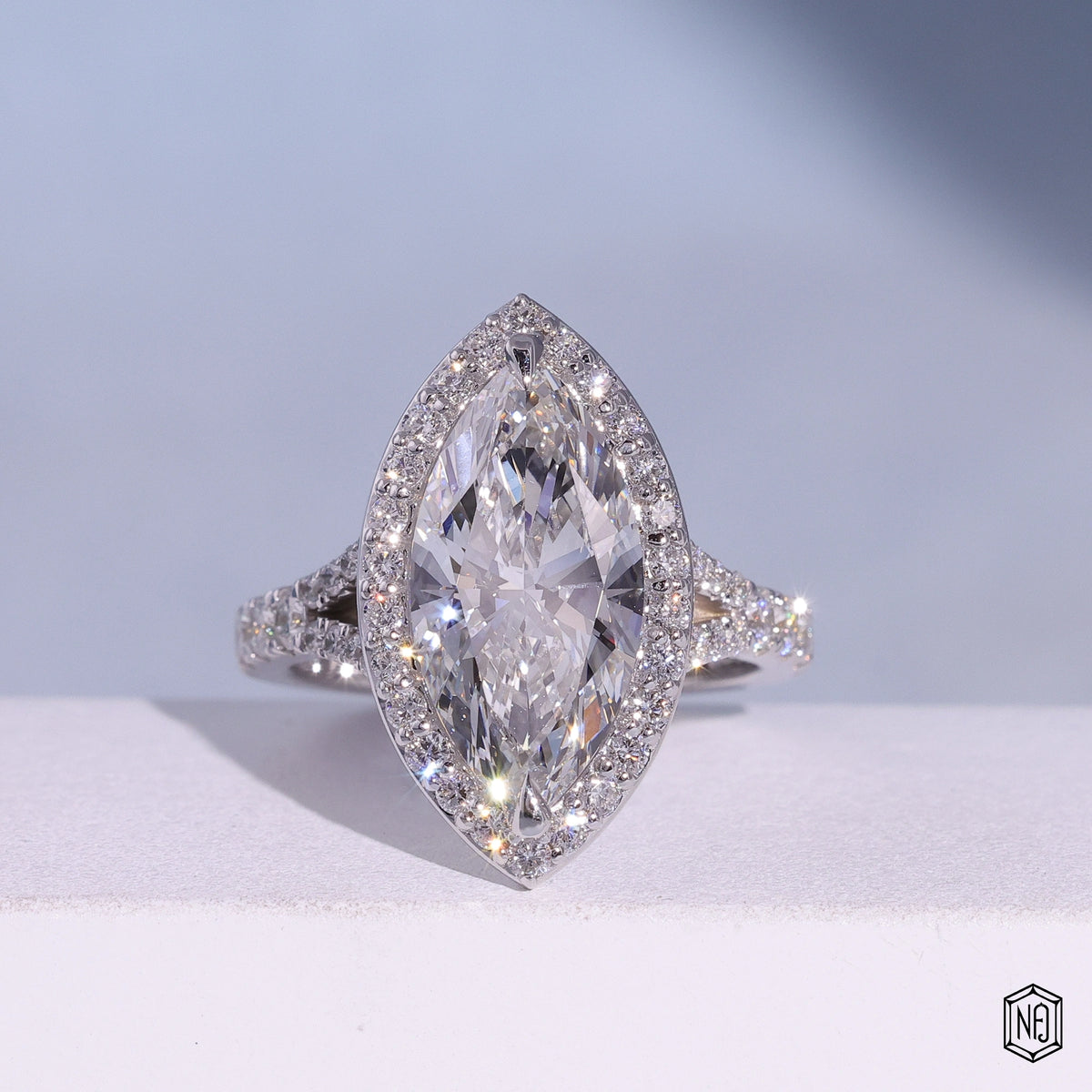 2.97 Carat Marquise Cut Lab Grown Diamond Classic Diamond Halo Engagement Ring - Front Top View