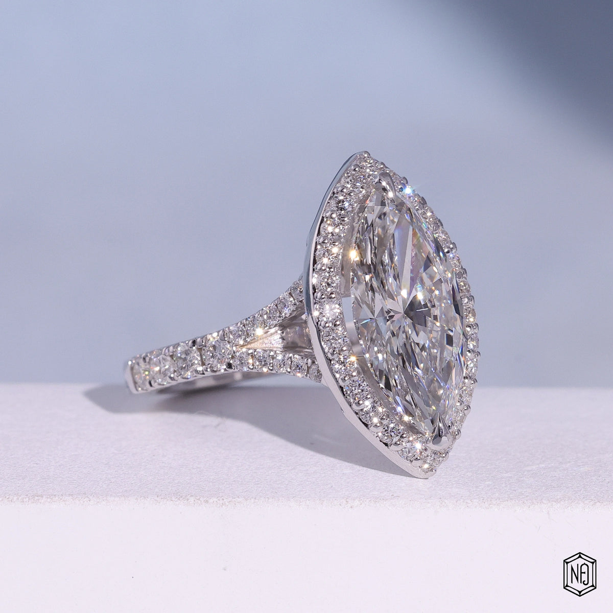 2.97 Carat Marquise Cut Lab Grown Diamond Classic Diamond Halo Engagement Ring - Gallery & Prongs Detail