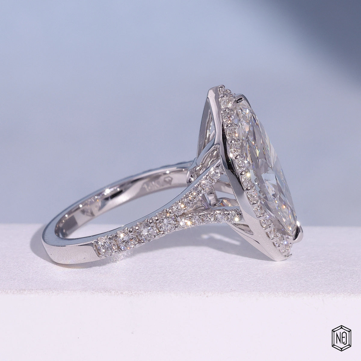 2.97 Carat Marquise Cut Lab Grown Diamond Classic Diamond Halo Engagement Ring - Side Profile Angle