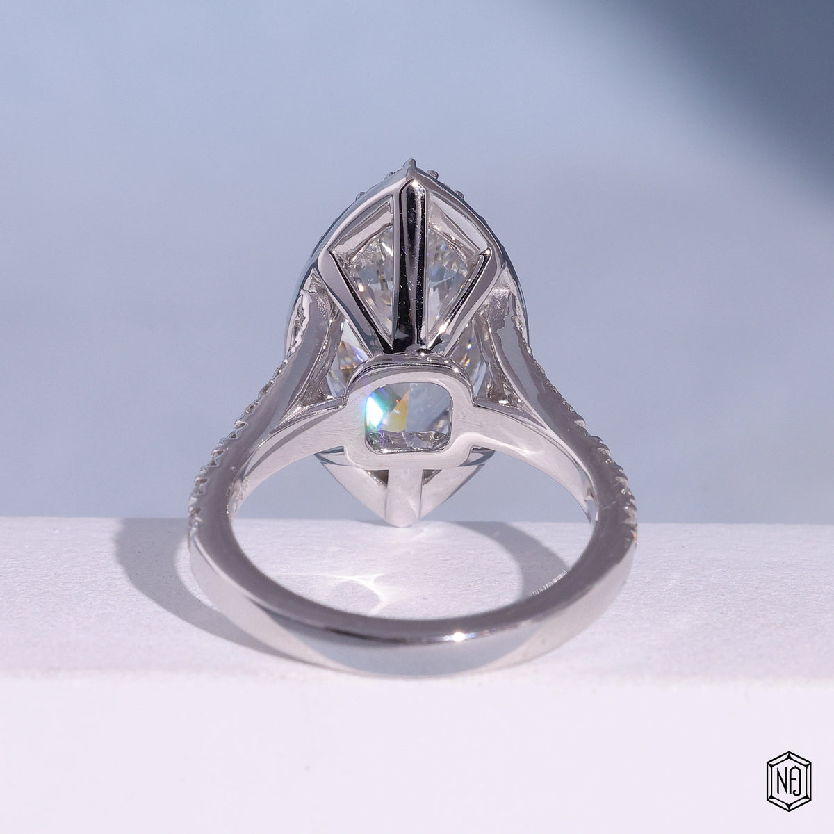 2.97 Carat Marquise Cut Lab Grown Diamond Classic Diamond Halo Engagement Ring - Hand View / Detail Angle