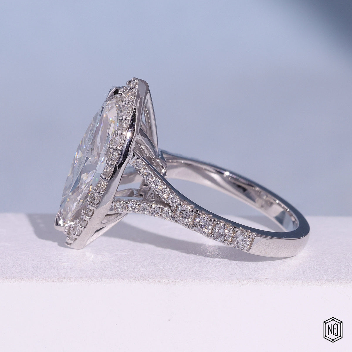 2.97 Carat Marquise Cut Lab Grown Diamond Classic Diamond Halo Engagement Ring - Angled Perspective