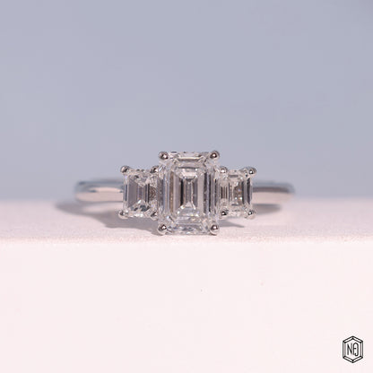 1.24 Carat Emerald Cut Lab Grown Diamond Trellis Three-Stone Engagement Ring - Front Top View