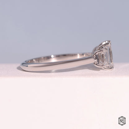 1.24 Carat Emerald Cut Lab Grown Diamond Trellis Three-Stone Engagement Ring - Side Profile Angle