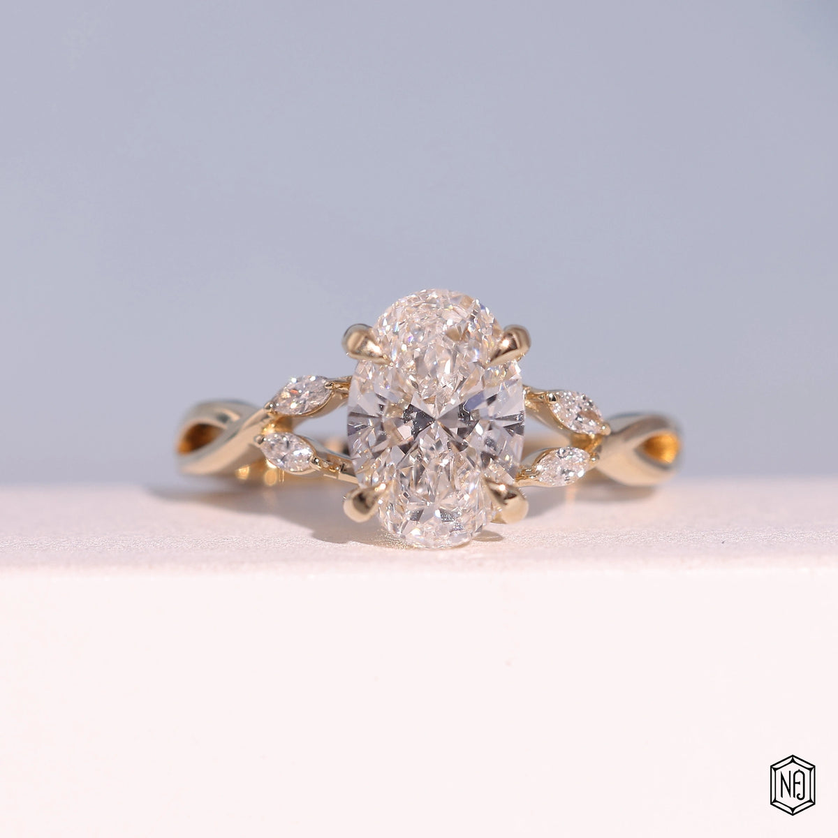 2.05 Carat Oval Cut Lab Grown Diamond Side Stone Pavé Engagement Ring - Front Top View