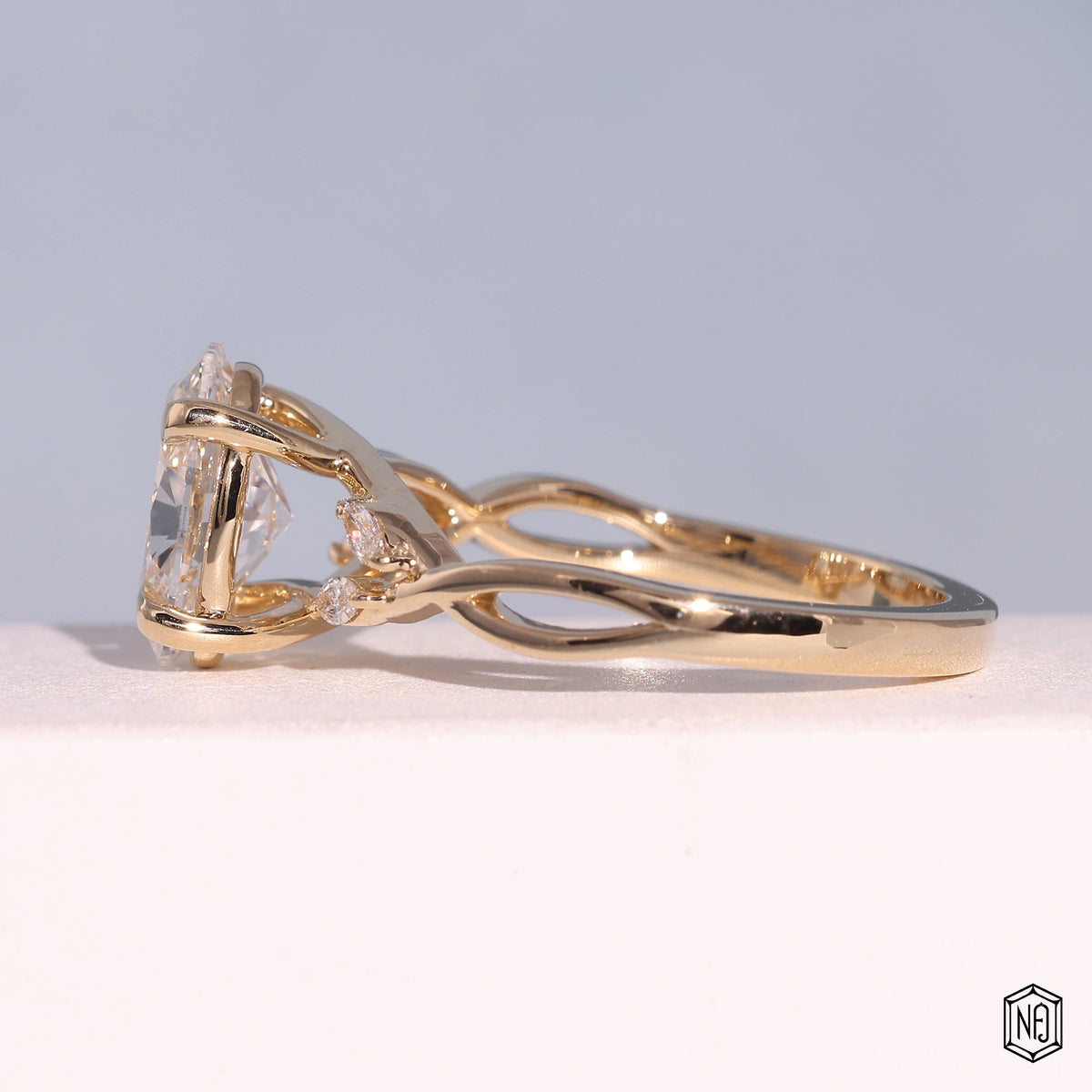 2.05 Carat Oval Cut Lab Grown Diamond Side Stone Pavé Engagement Ring - Angled Perspective