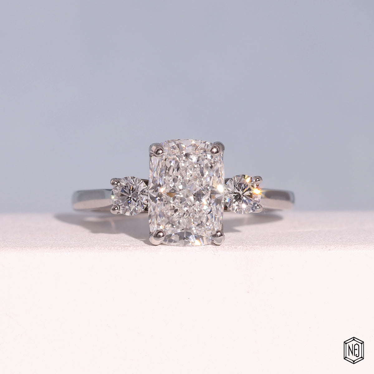 2.42 Carat Cushion Cut Lab Grown Diamond Trellis Three-Stone Engagement Ring - Front Top View