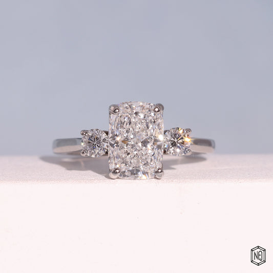 2.42 Carat Cushion Cut Lab Grown Diamond Trellis Three-Stone Engagement Ring - Front Top View