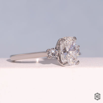 2.42 Carat Cushion Cut Lab Grown Diamond Trellis Three-Stone Engagement Ring - Gallery & Prongs Detail