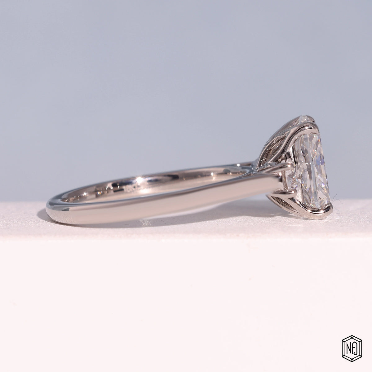 2.42 Carat Cushion Cut Lab Grown Diamond Trellis Three-Stone Engagement Ring - Side Profile Angle