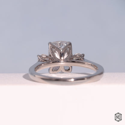 2.42 Carat Cushion Cut Lab Grown Diamond Trellis Three-Stone Engagement Ring - Hand View / Detail Angle