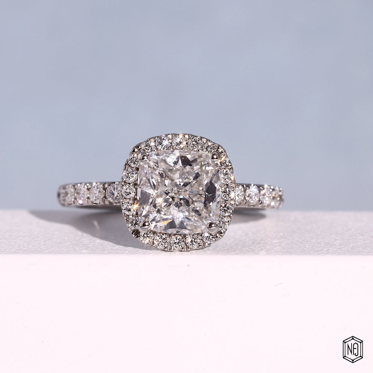 2.18 Carat Cushion Cut Lab Grown Diamond Classic Diamond Halo Engagement Ring - Front Top View