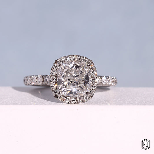 2.18 Carat Cushion Cut Lab Grown Diamond Classic Diamond Halo Engagement Ring - Front Top View