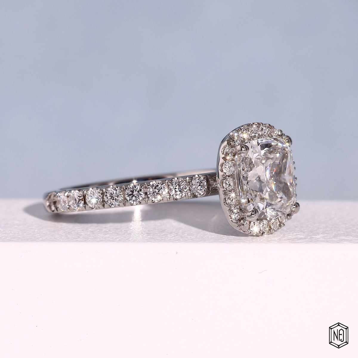 2.18 Carat Cushion Cut Lab Grown Diamond Classic Diamond Halo Engagement Ring - Gallery & Prongs Detail