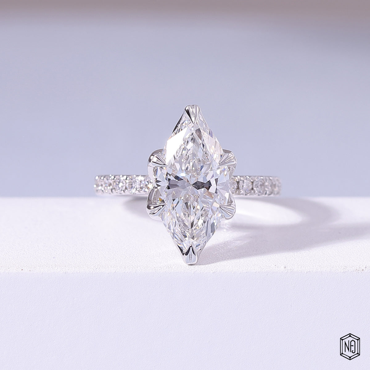 0.72 Carat Marquise Cut Lab Grown Diamond Side Stone Pavé Engagement Ring - Front Top View