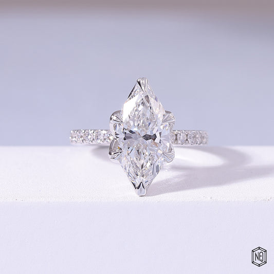 0.72 Carat Marquise Cut Lab Grown Diamond Side Stone Pavé Engagement Ring - Front Top View