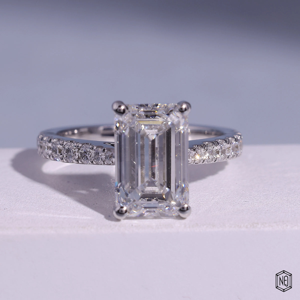 3.71 Carat Emerald Cut Lab Grown Diamond Side Stone Pavé Engagement Ring - Front Top View