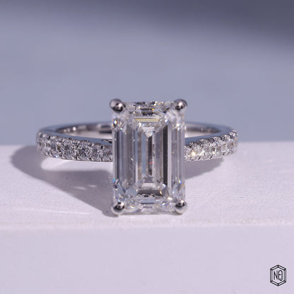 3.71 Carat Emerald Cut Lab Grown Diamond Side Stone Pavé Engagement Ring - Front Top View