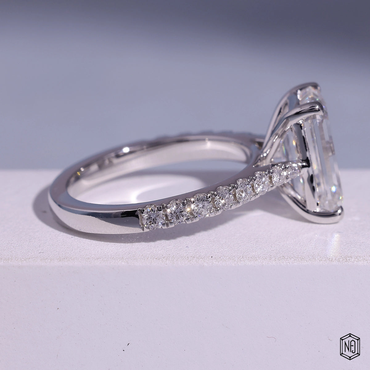 3.71 Carat Emerald Cut Lab Grown Diamond Side Stone Pavé Engagement Ring - Side Profile Angle