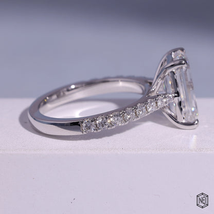 3.71 Carat Emerald Cut Lab Grown Diamond Side Stone Pavé Engagement Ring - Side Profile Angle