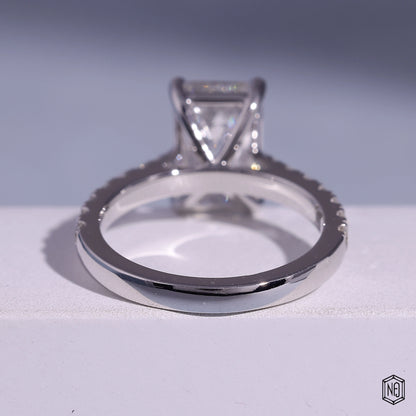 3.71 Carat Emerald Cut Lab Grown Diamond Side Stone Pavé Engagement Ring - Hand View / Detail Angle