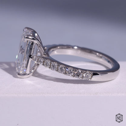 3.71 Carat Emerald Cut Lab Grown Diamond Side Stone Pavé Engagement Ring - Angled Perspective