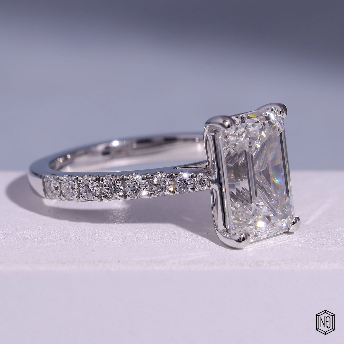 3.71 Carat Emerald Cut Lab Grown Diamond Side Stone Pavé Engagement Ring - Gallery & Prongs Detail