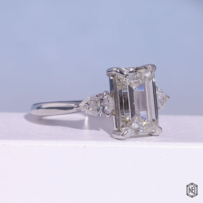 4.71 Carat Emerald Cut Lab Grown Diamond Trellis Three-Stone Engagement Ring - Gallery & Prongs Detail